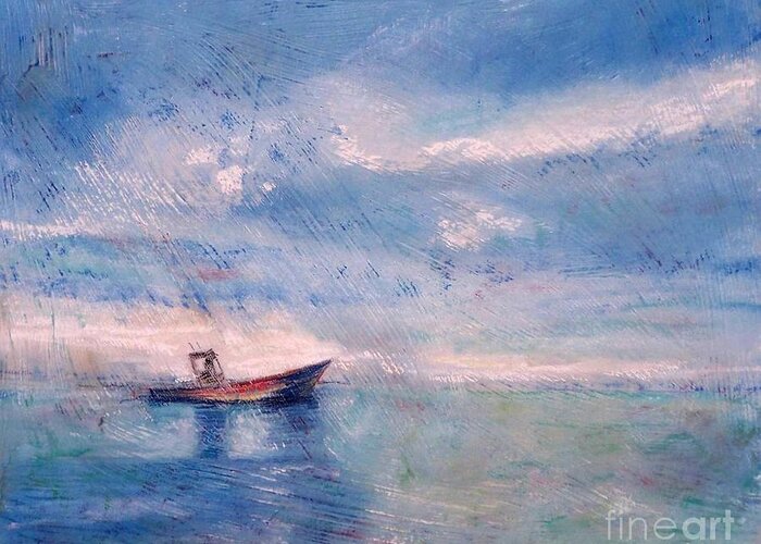 A Boat On The Water Trying To Outrun A Rainstorm Greeting Card featuring the painting Almost Home by Mary Lynne Powers