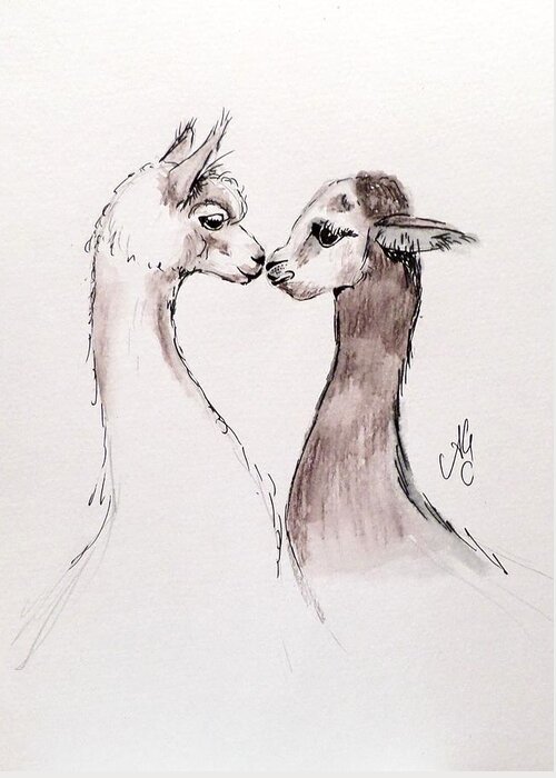 Watercolour Greeting Card featuring the painting Alpaca love by Anne Gardner