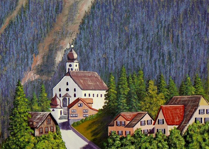 Painting Greeting Card featuring the painting Alpine Church by Ray Nutaitis