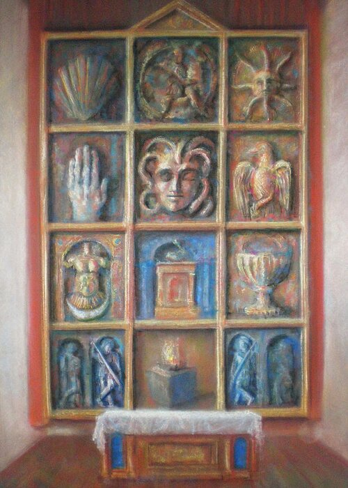 Altarpiece - Retablo- Ex-voto- Religious Painting- Fantasy - Pastel - Mystic - Symbols Greeting Card featuring the drawing Altarpiece by Paez Antonio