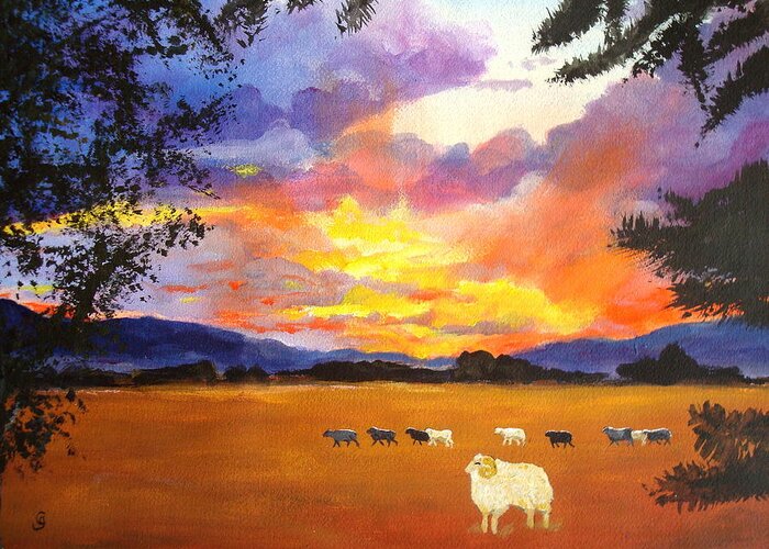 Sheep Greeting Card featuring the painting Alvin Counting Sheep by Cheryl Nancy Ann Gordon
