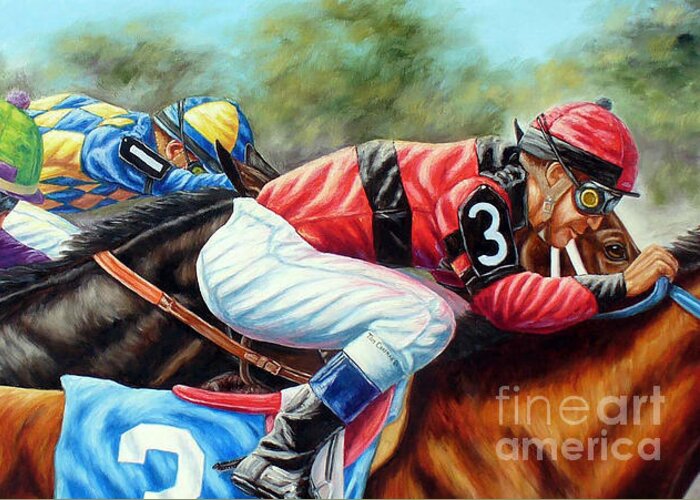 Horse Racing Greeting Card featuring the painting Always Getting Ahead of Myself by Tom Chapman