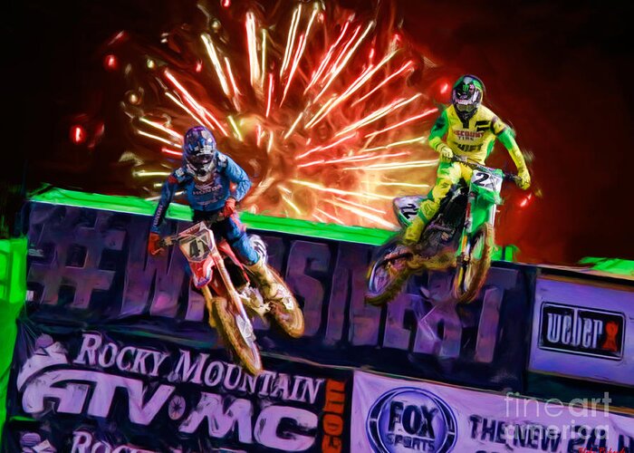 Ama 450sx Supercross Greeting Card featuring the photograph AMA 450SX SuperCross Trey Canard Leads Chad Reed by Blake Richards