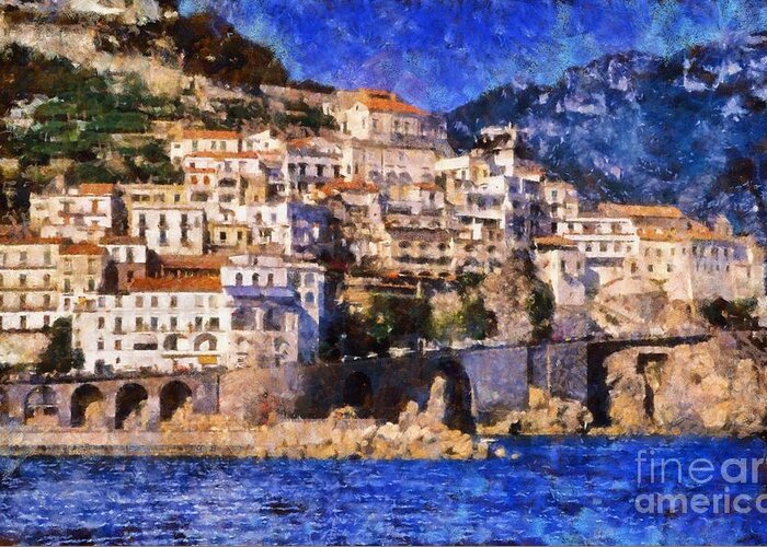 Amalfi Greeting Card featuring the painting Amalfi town in Italy by George Atsametakis