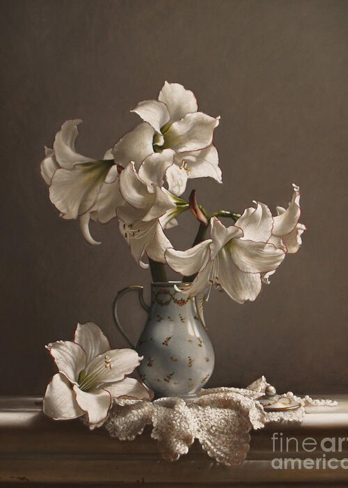 Amaryllis Greeting Card featuring the painting Amaryllis in a French Chocolate Pot by Lawrence Preston