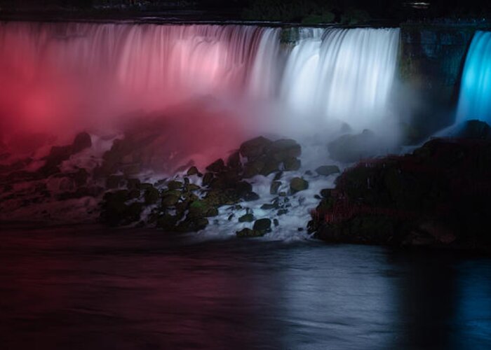 American Falls Greeting Card featuring the photograph American Falls Lit up at Night by Crystal Wightman