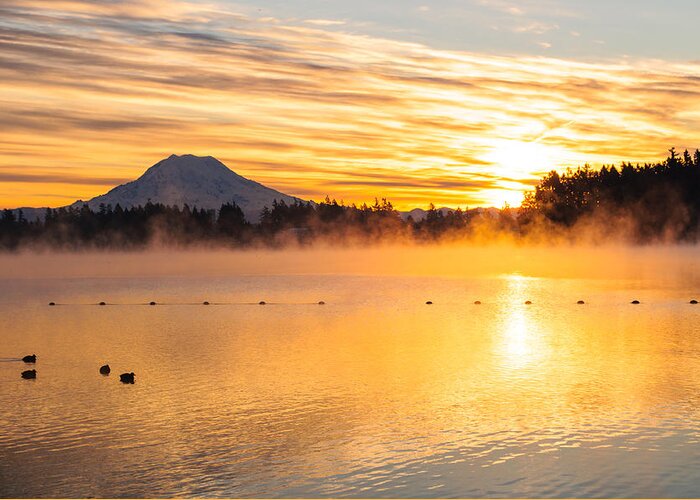Rainier Greeting Card featuring the photograph American Lake Misty Sunrise by Tikvah's Hope