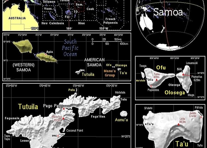 Samoa Greeting Card featuring the mixed media American Samoa Exotic Map by Florene Welebny