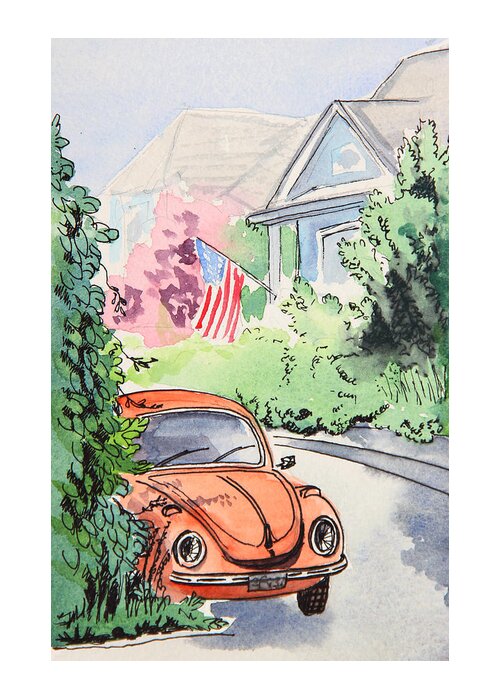 Volkswagen Beetle Greeting Card featuring the painting American Town by Masha Batkova