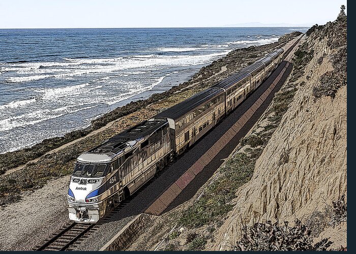 Amtrak Greeting Card featuring the digital art Amtrak by the Ocean by Photographic Art by Russel Ray Photos