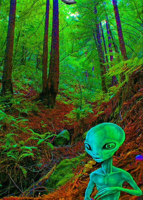 Alien Greeting Card featuring the photograph An Alien in a Cosmic Forest of Time by Ben Upham III