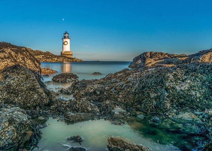 Lighthouse Greeting Card featuring the photograph An early moon over Fort Pickering Light Salem MA by Bryan Xavier