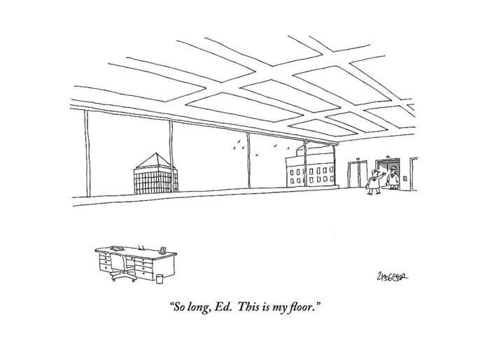 Offices Greeting Card featuring the drawing An Elevator Opens Onto A Very Large Floor by Jack Ziegler