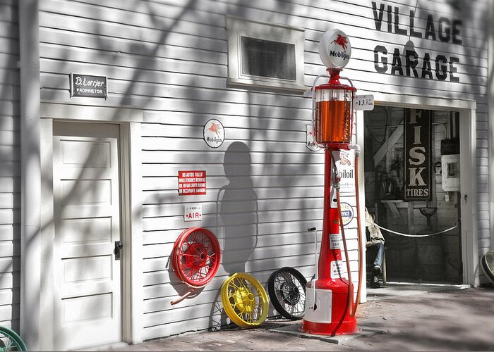 Garage Greeting Card featuring the photograph An old village gas station by Mal Bray