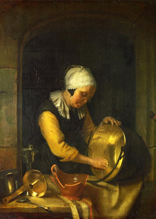 Godfried Schalcken Greeting Card featuring the painting An Old Woman scouring a Pot by Godfried Schalcken