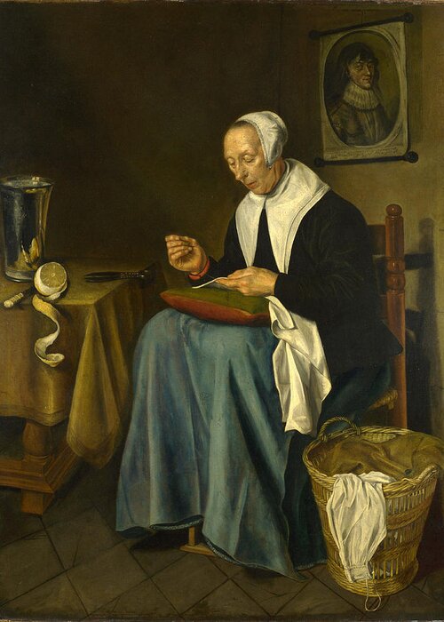 Johannes Van Der Aack Greeting Card featuring the painting An Old Woman seated sewing by Johannes van der Aack