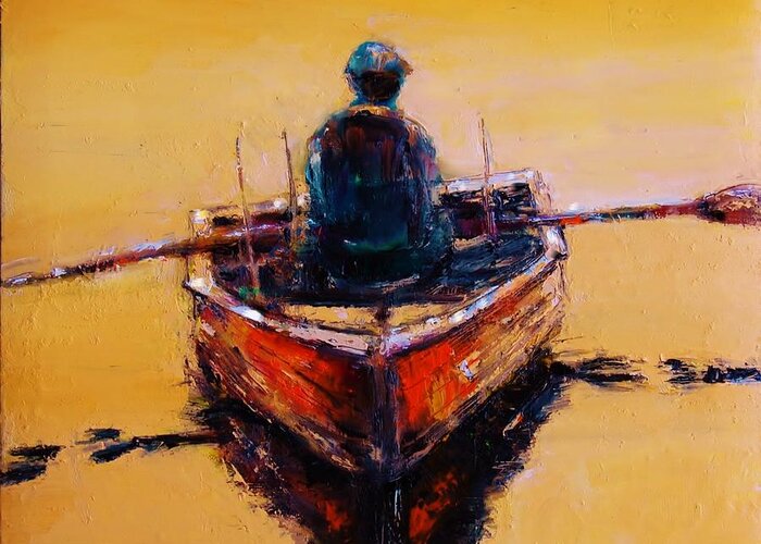 Boy Fishing Greeting Card featuring the painting An Old Wooden Boat by Jean Cormier