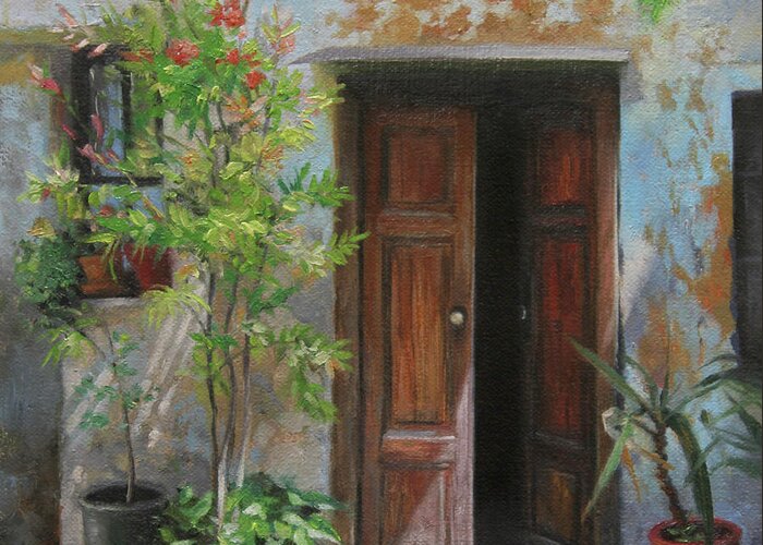 Milan Greeting Card featuring the painting An Open Door Milan Italy by Anna Rose Bain