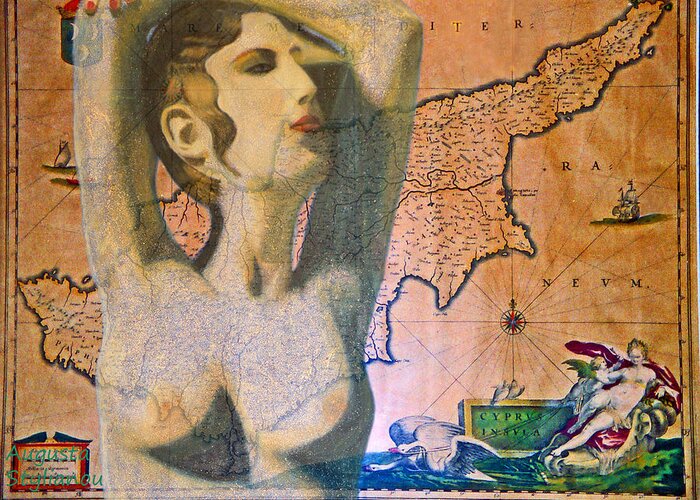 Augusta Stylianou Greeting Card featuring the digital art Ancient Cyprus Map and Aphrodite by Augusta Stylianou