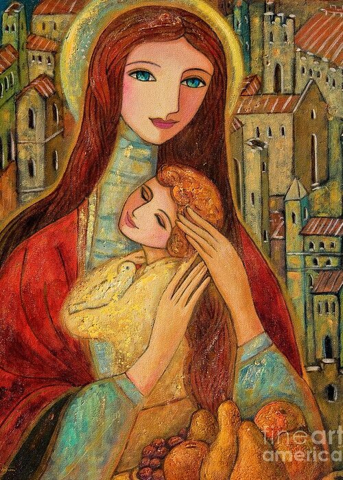 Mother And Child Greeting Card featuring the painting Ancient Mother and Son by Shijun Munns