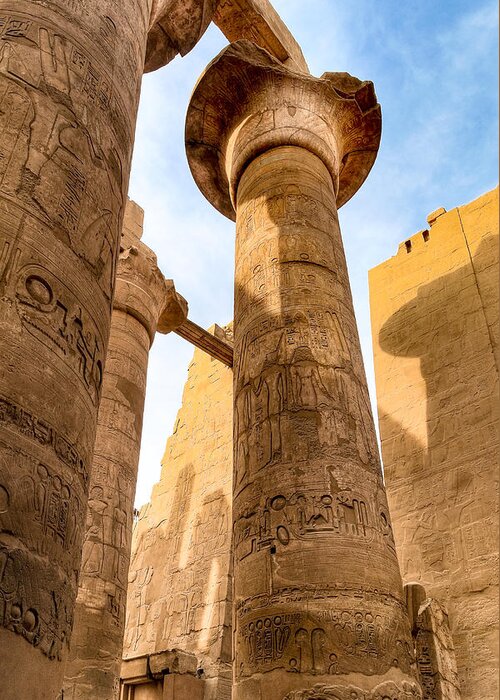 Egypt Greeting Card featuring the photograph Ancient Pillars of Karnak Temple by Mark Tisdale