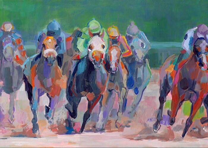 Saratoga Greeting Card featuring the painting And Down the Stretch They Com by Kimberly Santini