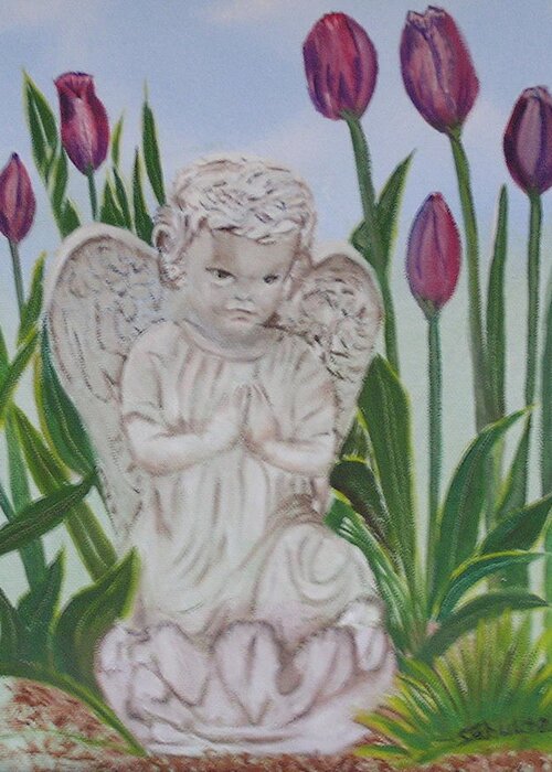 Tulips Greeting Card featuring the painting Angel in the Garden by Sharon Schultz