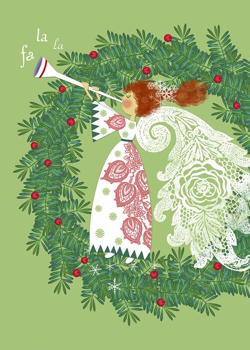 Christmas Greeting Card featuring the digital art Angel with Christmas Wreath by Valerie Drake Lesiak