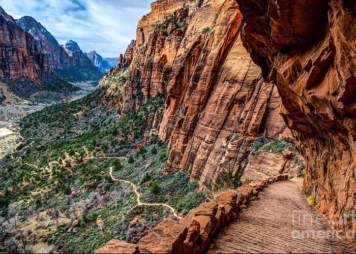 Angels Landing Greeting Card featuring the photograph Angels Landing Trail from High Above Zion Canyon Floor by Gary Whitton