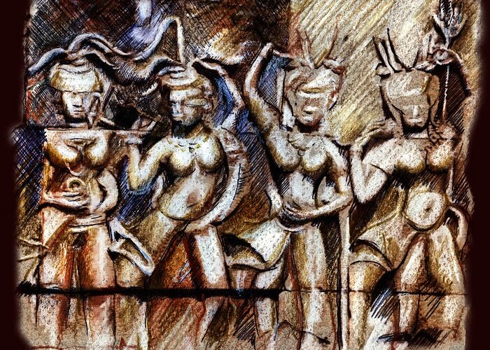 Angkor Wat. Apsara. Hindu. Mythology. Dancing Girls. Drawing Greeting Card featuring the drawing Angkor Wat - Apsara by Daliana Pacuraru