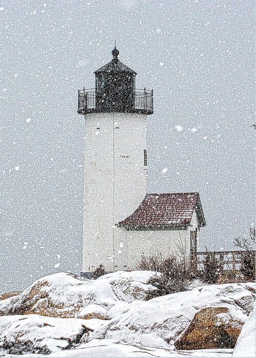 Annisquam Lighthouse Greeting Card featuring the photograph Annisquam Light-Snow Storm 1 by Michael Hubley