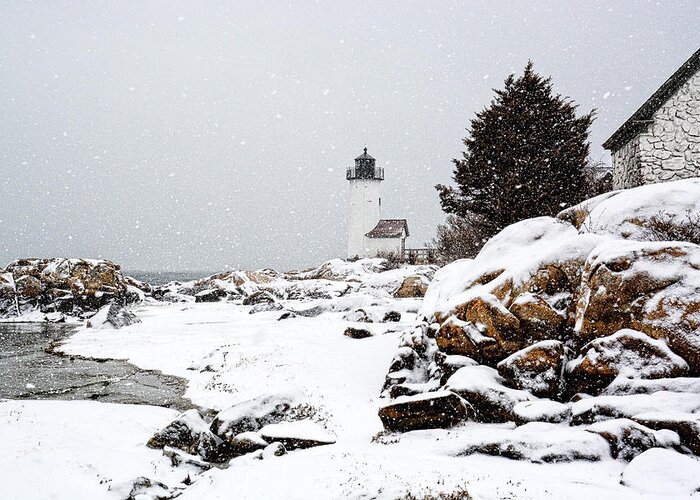 Annisquam Lighthouse Greeting Card featuring the photograph Annisquam Light-Snow Storm by Michael Hubley