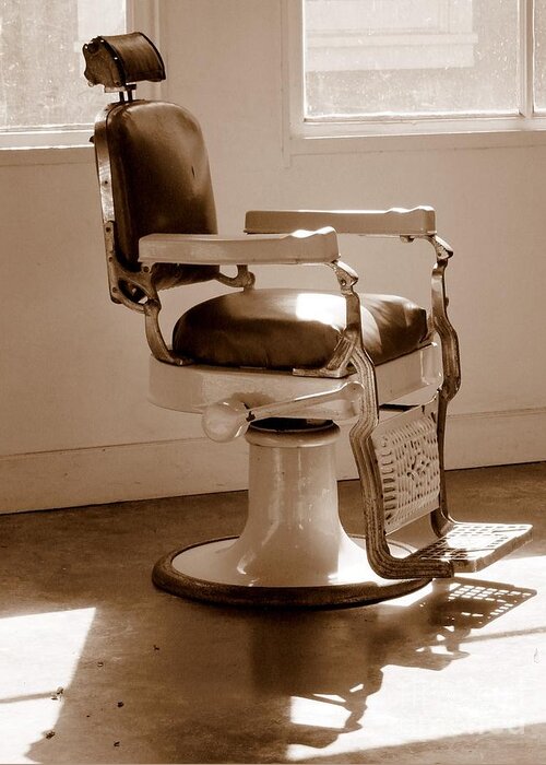 Sepia Greeting Card featuring the photograph Antiquated Barber Chair in Sepia by Mary Deal