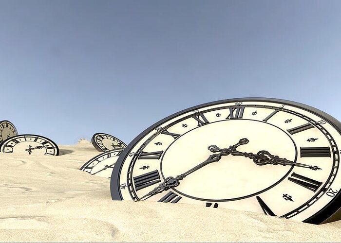 Clock Greeting Card featuring the digital art Antique Clocks In Desert Sand by Allan Swart