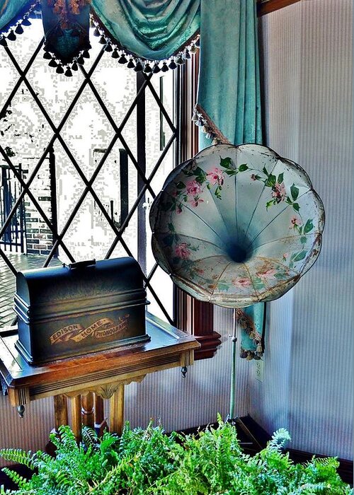 Antique Greeting Card featuring the photograph Antique Edison Phonograph in the Boardwalk Plaza Lobby - Rehoboth Beach Delaware by Kim Bemis