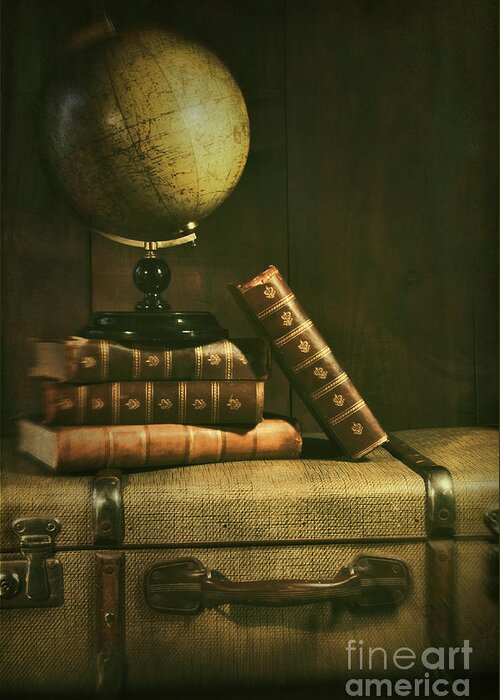 Atmosphere Greeting Card featuring the photograph Antique globe with books and suitscase by Sandra Cunningham