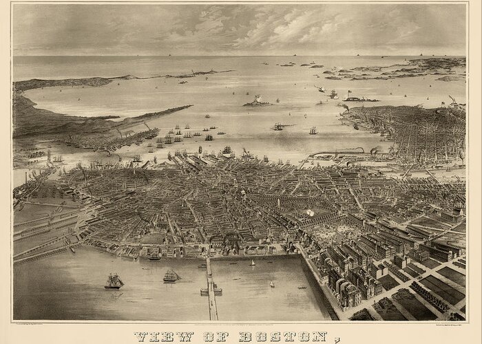 Boston Greeting Card featuring the drawing Antique Map of Boston Massachusetts by F. Fuchs - 1870 by Blue Monocle