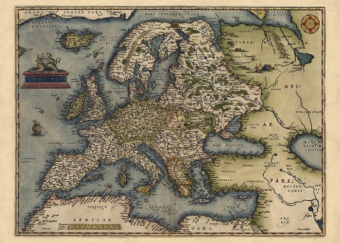 Europe Greeting Card featuring the drawing Antique Map of Europe by Abraham Ortelius - 1570 by Blue Monocle