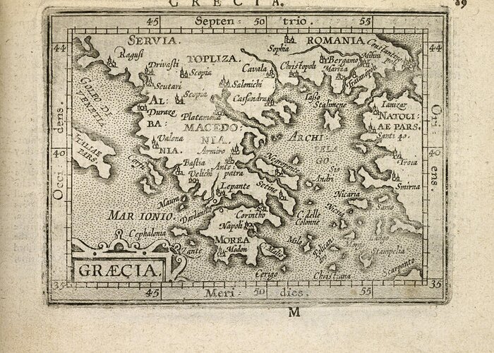 Greece Greeting Card featuring the drawing Antique Map of Greece by Abraham Ortelius - 1603 by Blue Monocle
