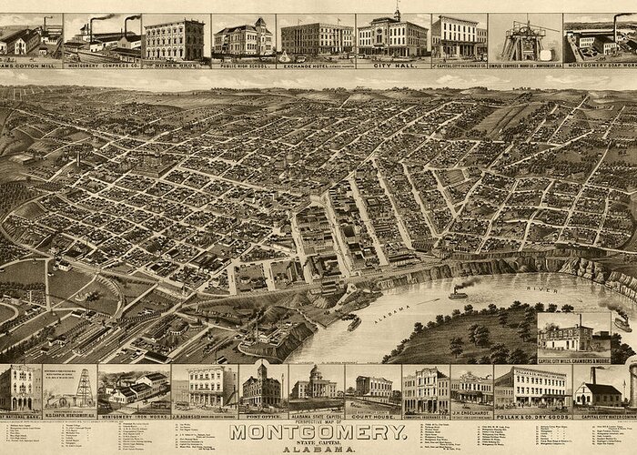 Montgomery Greeting Card featuring the drawing Antique Map of Montgomery Alabama by H. Wellge - 1887 by Blue Monocle