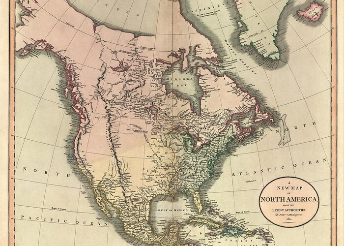 North America Greeting Card featuring the drawing Antique Map of North America by John Cary - 1811 by Blue Monocle