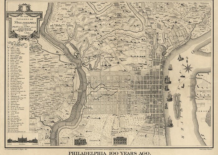 Philadelphia Greeting Card featuring the drawing Antique Map of Philadelphia by P. C. Varte - 1875 by Blue Monocle