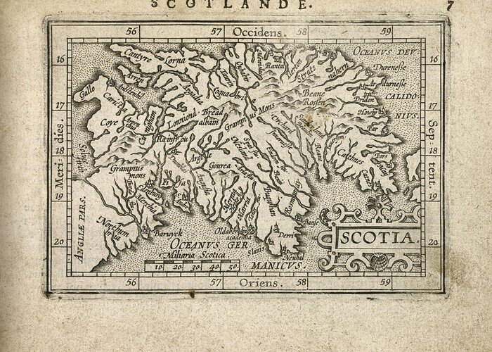 Scotland Greeting Card featuring the drawing Antique Map of Scotland by Abraham Ortelius - 1603 by Blue Monocle