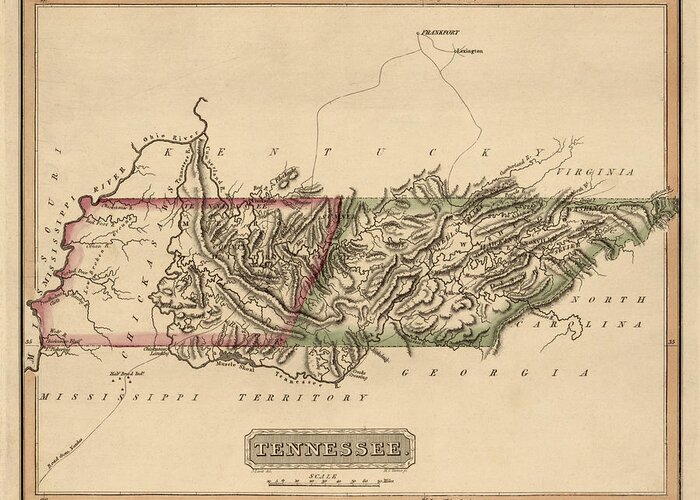 Tennessee Greeting Card featuring the drawing Antique Map of Tennessee by Fielding Lucas - circa 1817 by Blue Monocle