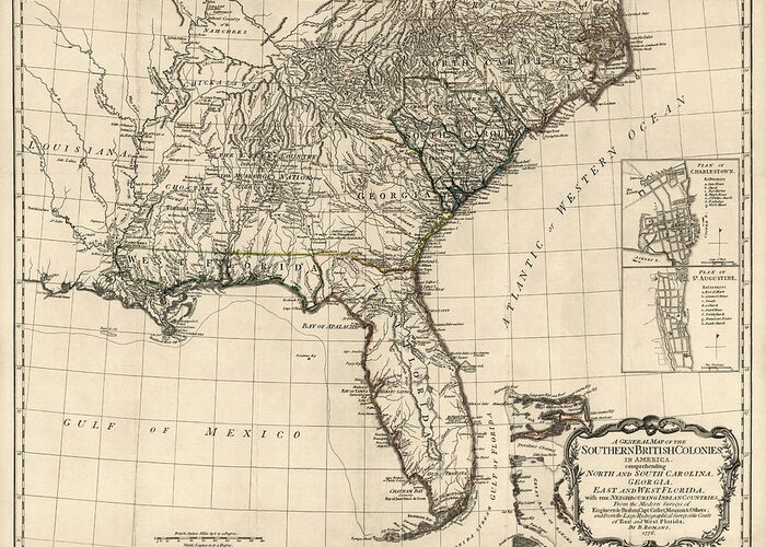 Southeast Us Greeting Card featuring the drawing Antique Map of the Southeastern United States by Bernard Romans - 1776 by Blue Monocle
