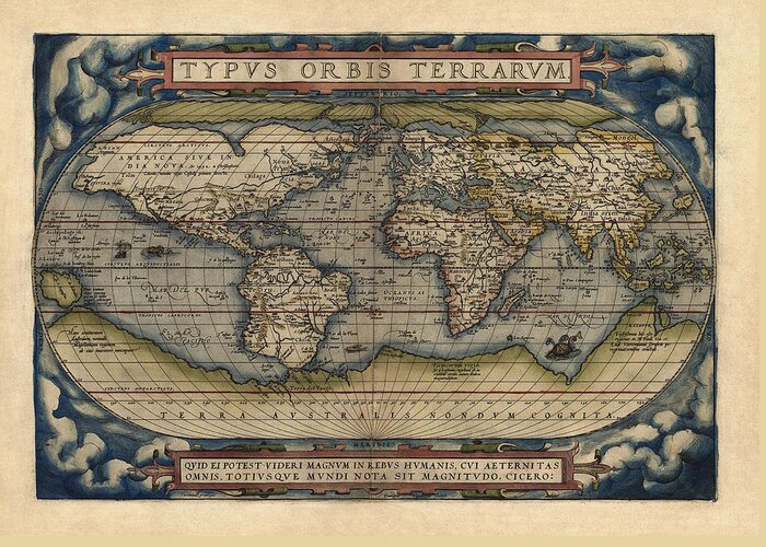Map Greeting Card featuring the drawing Antique Map of the World by Abraham Ortelius - 1570 by Blue Monocle