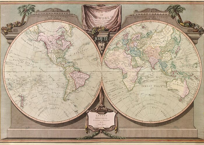 World Greeting Card featuring the drawing Antique Map of the World by Robert Laurie and James Whittle - 1808 by Blue Monocle