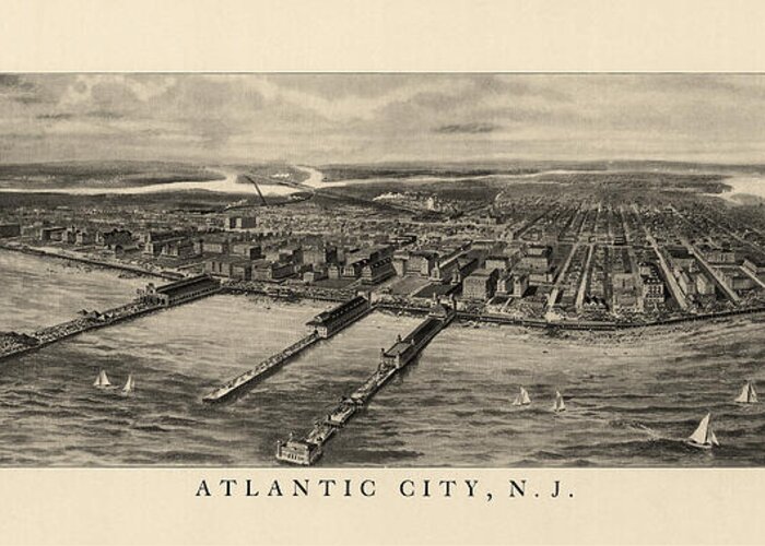 Atlantic City Greeting Card featuring the drawing Antique View of Atlantic City New Jersey - 1905 by Blue Monocle