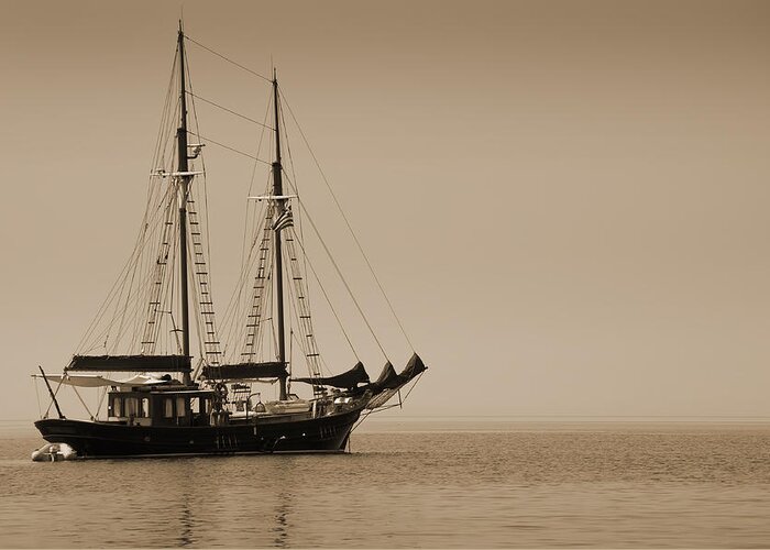 Mykonos Greeting Card featuring the photograph Antiqued yacht off Mykonos Greece by Brenda Kean