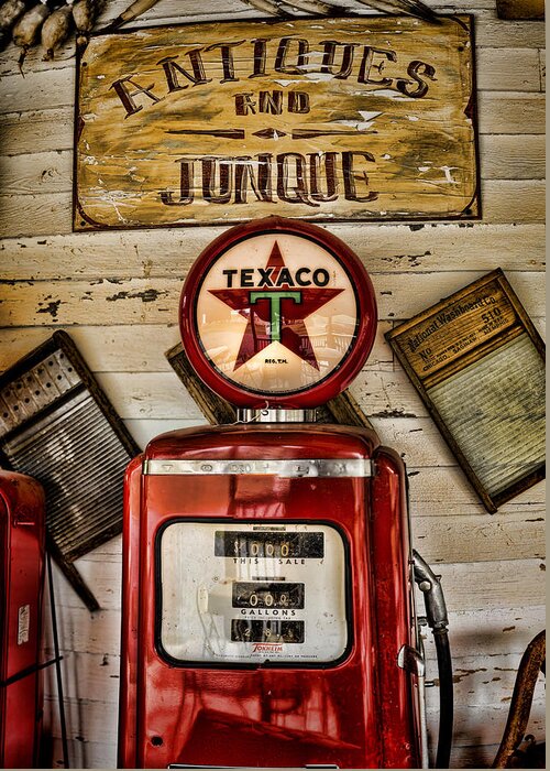 Gas Pump Greeting Card featuring the photograph Antiques and Junque by Heather Applegate